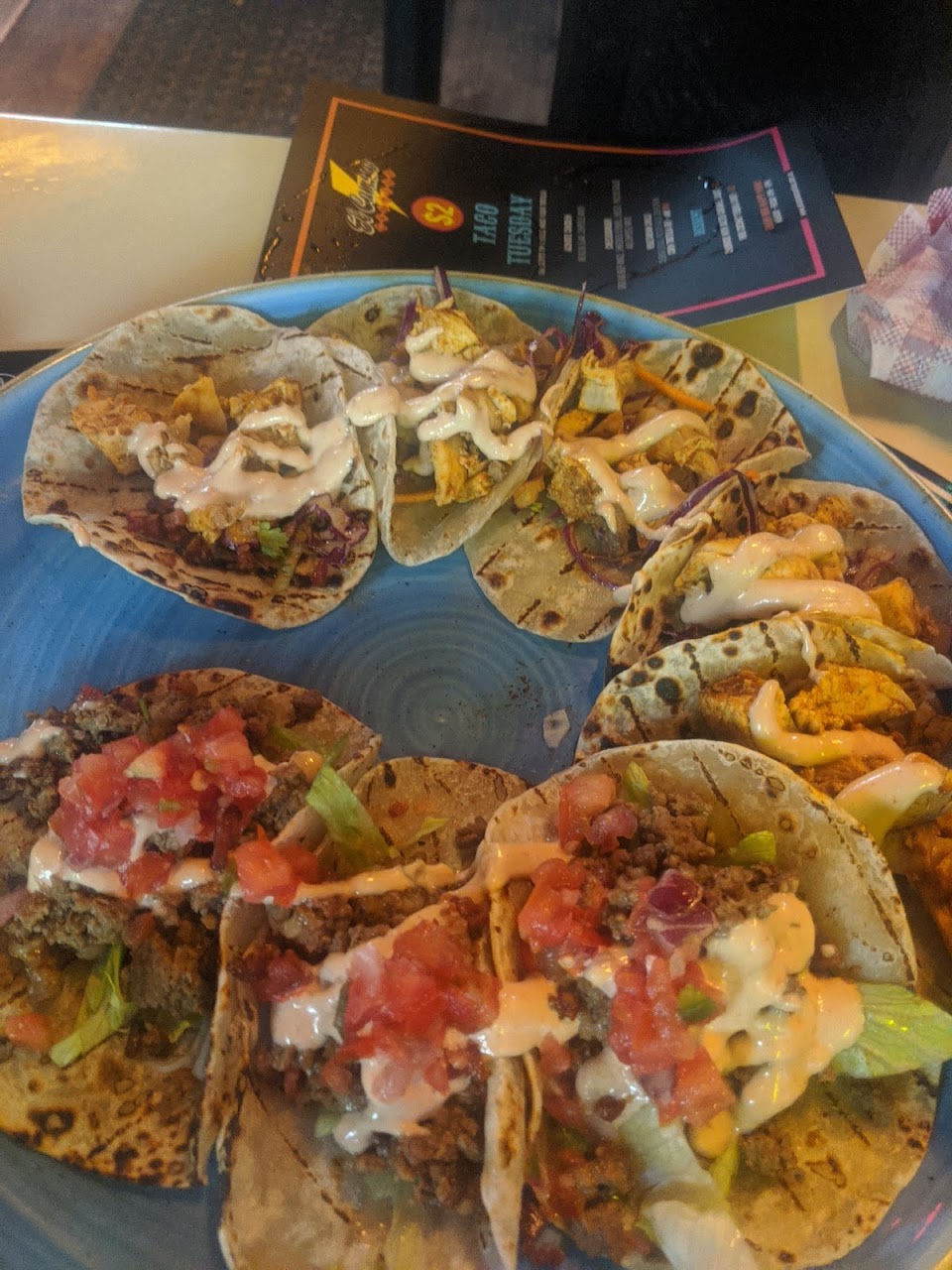 Tacos on a blue plate at El Camino Cantina The Rocks